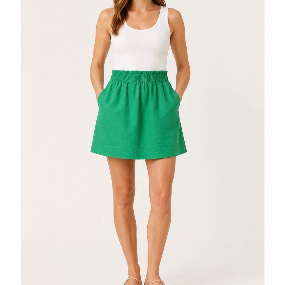 J.Crew Green Linen Cotton A-Line Skirt Size 8 Elastic Waist Lined
